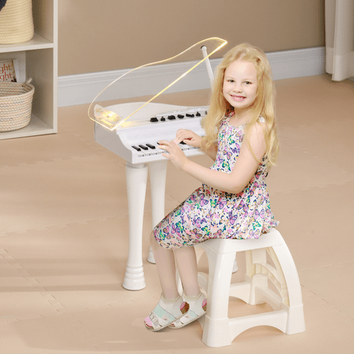 AIYAPLAY 32 Keys Kids Piano Keyboard with Stool, Lights, Microphone, White - Rhythmic - Cadence