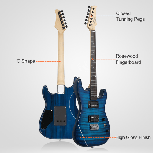 GST Stylish H - H Pickup Tiger Stripe Electric Guitar Kit with 20W AMP Bag Guitar Strap Blue - Rhythmic - Cadence